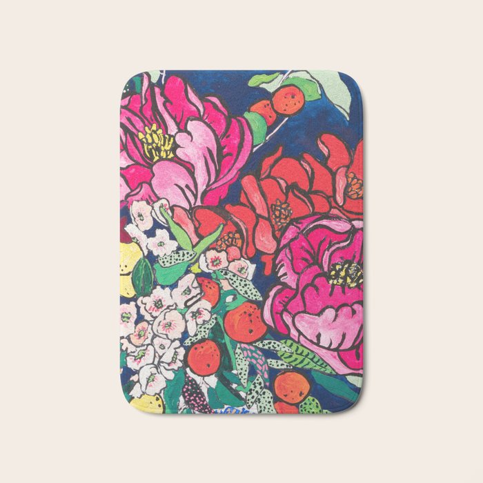 Winter Floral Peony Bouquet in Delft Vase on Dark Navy Blue Painting Bath Mat Gallery Image 1