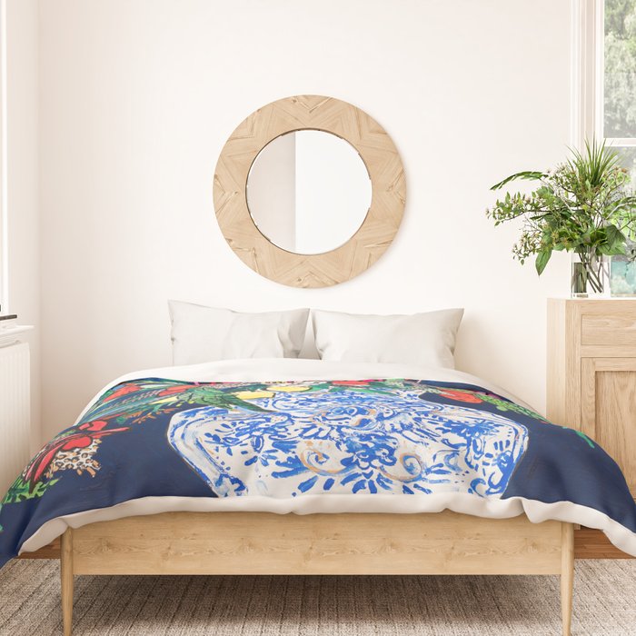 Winter Floral Peony Bouquet in Delft Vase on Dark Navy Blue Painting Duvet Cover Gallery Image 3