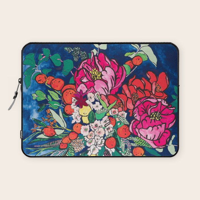 Winter Floral Peony Bouquet in Delft Vase on Dark Navy Blue Painting Laptop Sleeve Gallery Image 1