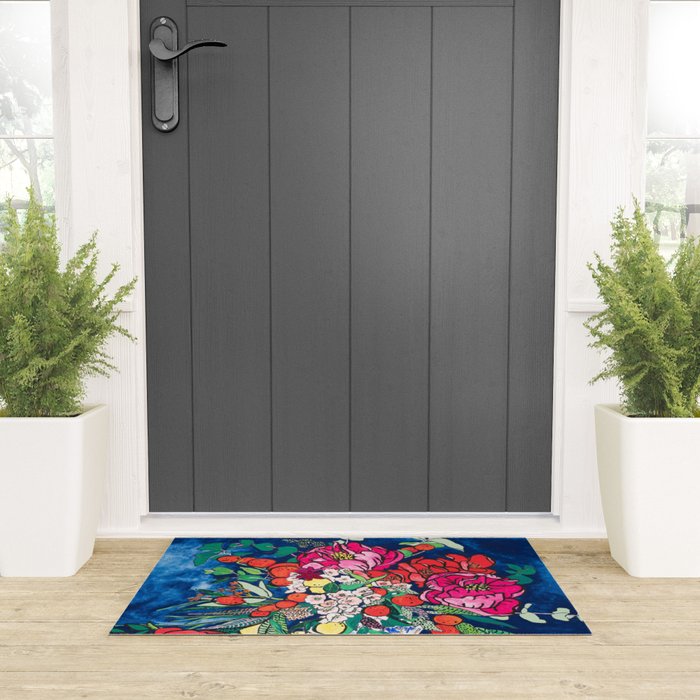 Winter Floral Peony Bouquet in Delft Vase on Dark Navy Blue Painting Welcome Mat Gallery Image 3