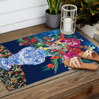 Winter Floral Peony Bouquet in Delft Vase on Dark Navy Blue Painting Outdoor Rug Gallery Image 2