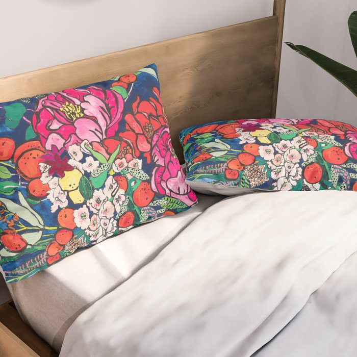 Winter Floral Peony Bouquet in Delft Vase on Dark Navy Blue Painting Pillow Sham Gallery Image 2