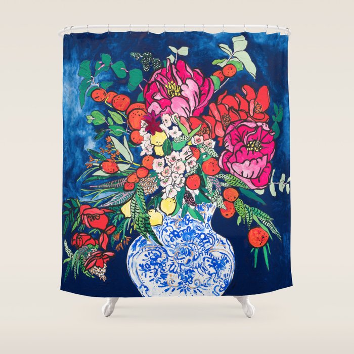 Winter Floral Peony Bouquet in Delft Vase on Dark Navy Blue Painting Shower Curtain Gallery Image 1