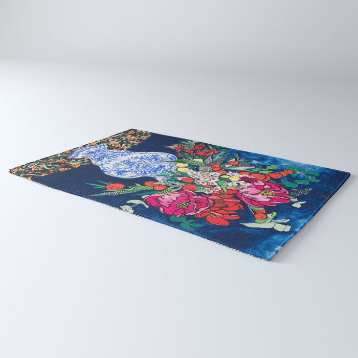 Winter Floral Peony Bouquet in Delft Vase on Dark Navy Blue Painting Rug Gallery Image 3
