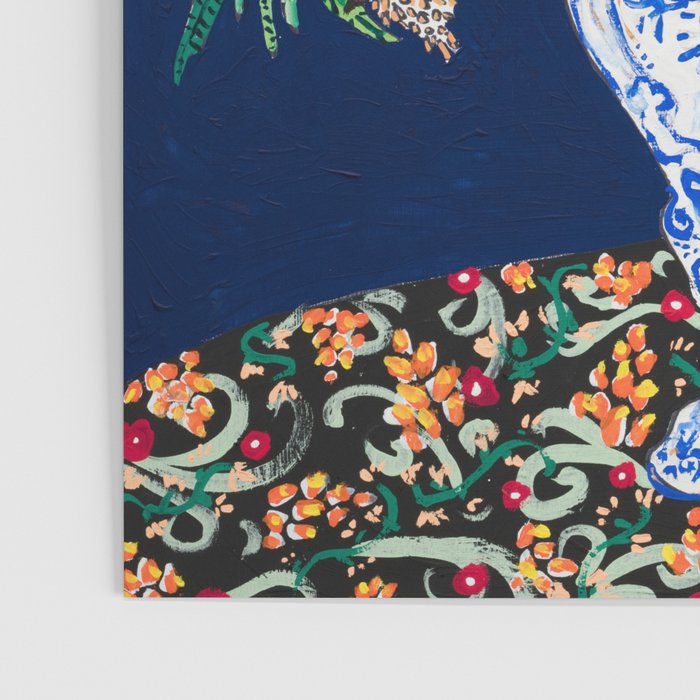 Winter Floral Peony Bouquet in Delft Vase on Dark Navy Blue Painting Poster Gallery Image 3