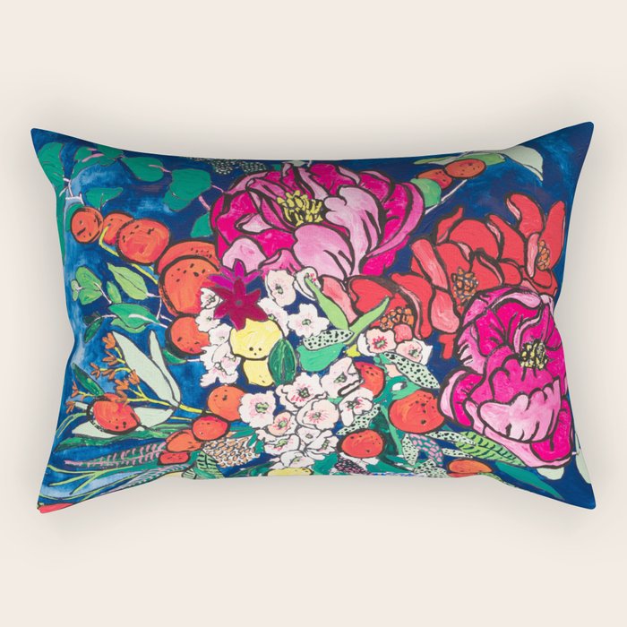 Winter Floral Peony Bouquet in Delft Vase on Dark Navy Blue Painting Rectangular Pillow Gallery Image 1