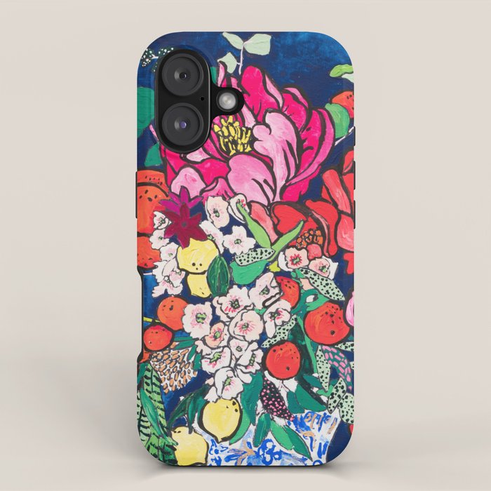 Winter Floral Peony Bouquet in Delft Vase on Dark Navy Blue Painting iPhone Case Gallery Image 1
