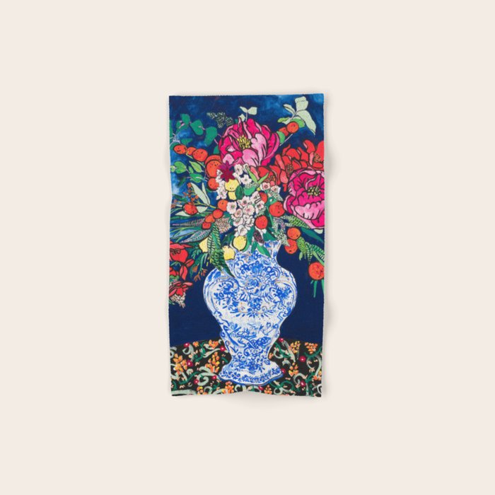 Winter Floral Peony Bouquet in Delft Vase on Dark Navy Blue Painting Bath Towel Gallery Image 1