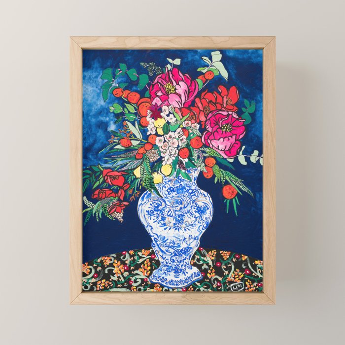 Winter Floral Peony Bouquet in Delft Vase on Dark Navy Blue Painting Mini Art Print Gallery Image 1