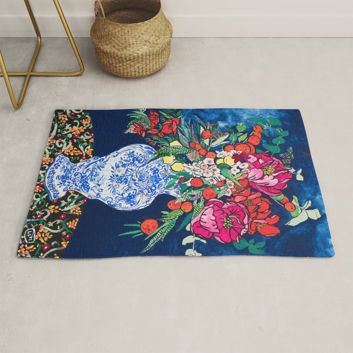 Winter Floral Peony Bouquet in Delft Vase on Dark Navy Blue Painting Rug Gallery Image 1