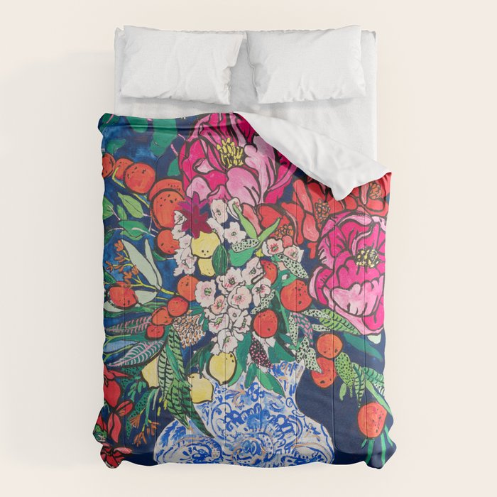 Winter Floral Peony Bouquet in Delft Vase on Dark Navy Blue Painting Comforter Gallery Image 6