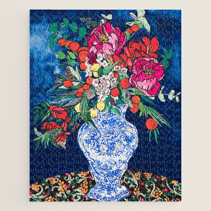 Winter Floral Peony Bouquet in Delft Vase on Dark Navy Blue Painting Jigsaw Puzzle