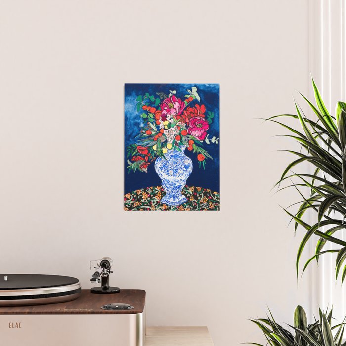 Winter Floral Peony Bouquet in Delft Vase on Dark Navy Blue Painting Poster Gallery Image 2