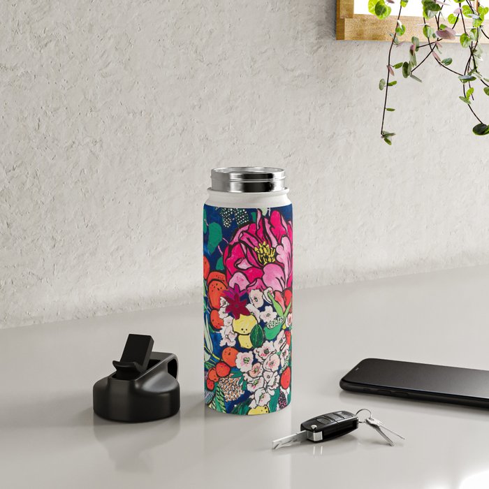 Winter Floral Peony Bouquet in Delft Vase on Dark Navy Blue Painting Water Bottle Gallery Image 4