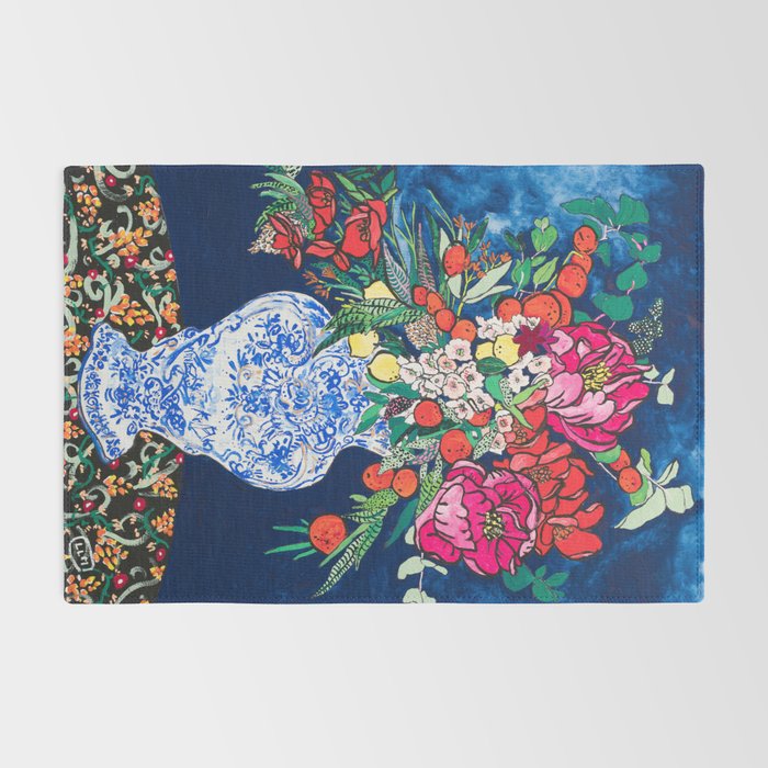 Winter Floral Peony Bouquet in Delft Vase on Dark Navy Blue Painting Rug Gallery Image 2