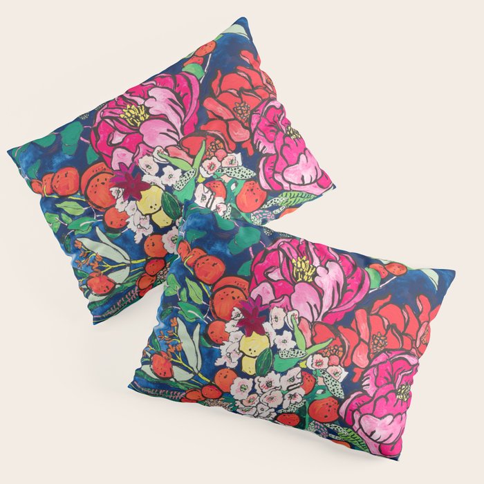 Winter Floral Peony Bouquet in Delft Vase on Dark Navy Blue Painting Pillow Sham Gallery Image 1