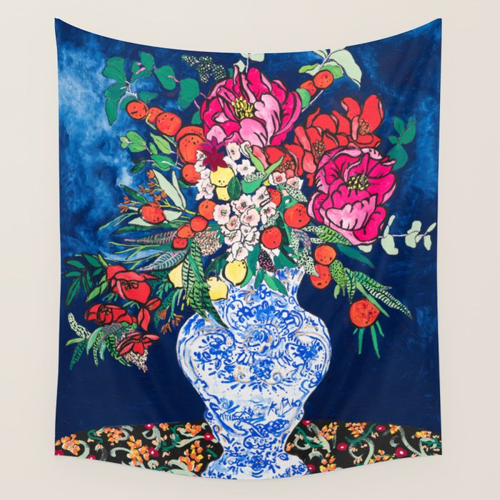 Winter Floral Peony Bouquet in Delft Vase on Dark Navy Blue Painting Wall Tapestry Gallery Image 4