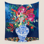 Winter Floral Peony Bouquet in Delft Vase on Dark Navy Blue Painting Wall Tapestry Gallery Image 4