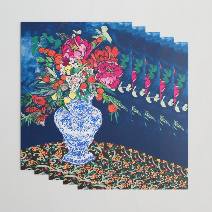 Winter Floral Peony Bouquet in Delft Vase on Dark Navy Blue Painting Wrapping Paper Gallery Image 3