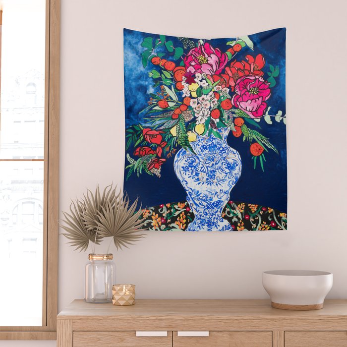 Winter Floral Peony Bouquet in Delft Vase on Dark Navy Blue Painting Wall Tapestry Gallery Image 2