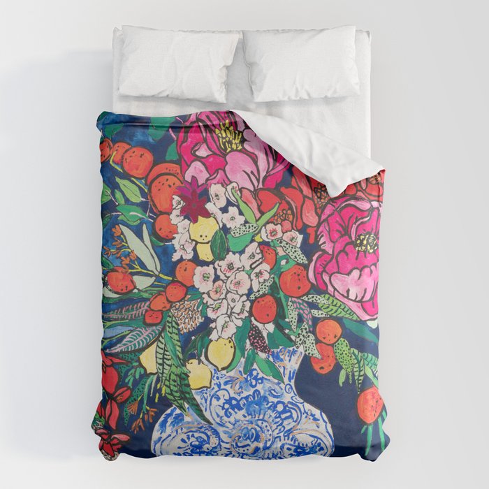 Winter Floral Peony Bouquet in Delft Vase on Dark Navy Blue Painting Duvet Cover Gallery Image 6