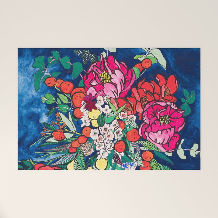 Winter Floral Peony Bouquet in Delft Vase on Dark Navy Blue Painting Welcome Mat Gallery Image 1