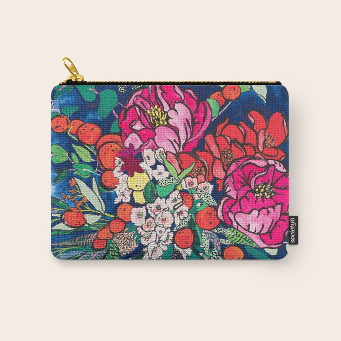 Winter Floral Peony Bouquet in Delft Vase on Dark Navy Blue Painting Carry All Pouch Gallery Image 1
