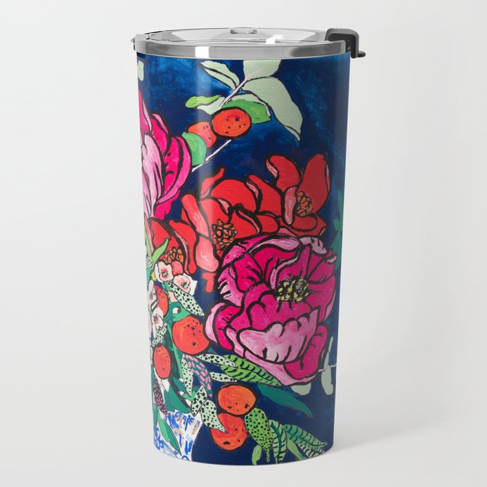 Winter Floral Peony Bouquet in Delft Vase on Dark Navy Blue Painting Travel Mug Gallery Image 2