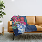 Winter Floral Peony Bouquet in Delft Vase on Dark Navy Blue Painting Throw Blanket Gallery Image 1