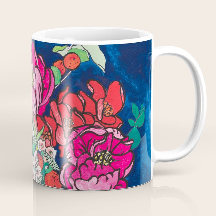 Winter Floral Peony Bouquet in Delft Vase on Dark Navy Blue Painting Coffee Mug Gallery Image 1