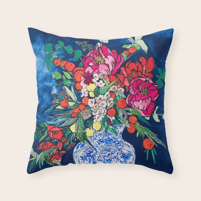 Winter Floral Peony Bouquet in Delft Vase on Dark Navy Blue Painting Throw Pillow Gallery Image 6