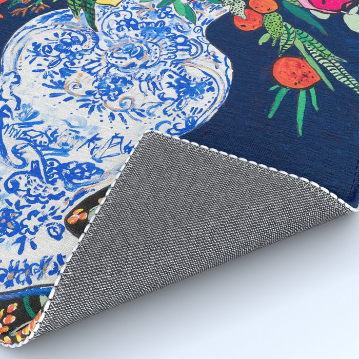Winter Floral Peony Bouquet in Delft Vase on Dark Navy Blue Painting Rug Gallery Image 4