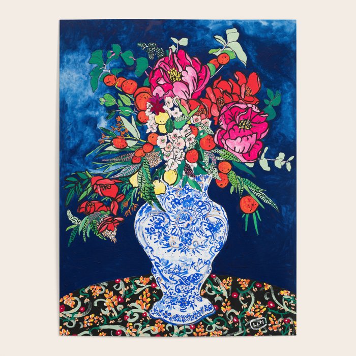 Winter Floral Peony Bouquet in Delft Vase on Dark Navy Blue Painting Poster Gallery Image 4