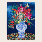 Winter Floral Peony Bouquet in Delft Vase on Dark Navy Blue Painting Poster Gallery Image 4