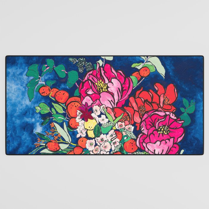Winter Floral Peony Bouquet in Delft Vase on Dark Navy Blue Painting Desk Mat Gallery Image 3
