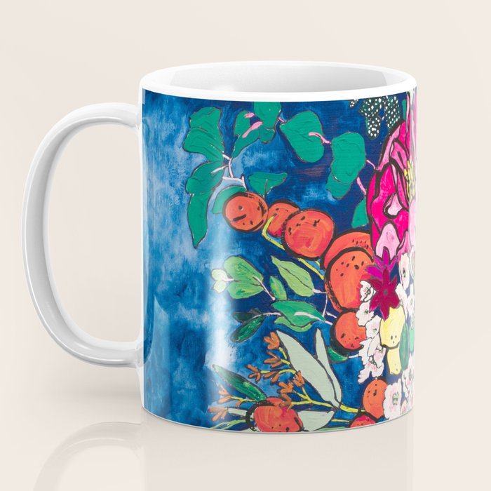 Winter Floral Peony Bouquet in Delft Vase on Dark Navy Blue Painting Coffee Mug Gallery Image 3