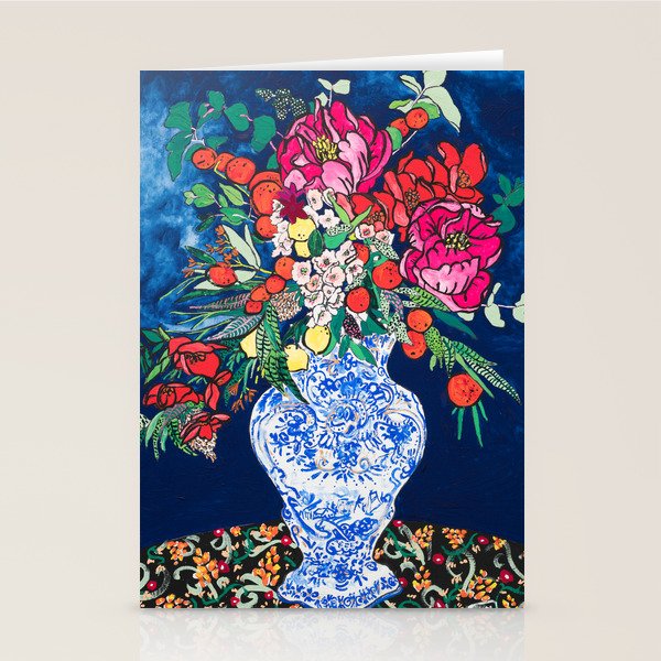 Winter Floral Peony Bouquet in Delft Vase on Dark Navy Blue Painting Stationery Card Gallery Image 2