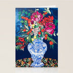 Winter Floral Peony Bouquet in Delft Vase on Dark Navy Blue Painting Stationery Card Gallery Image 2