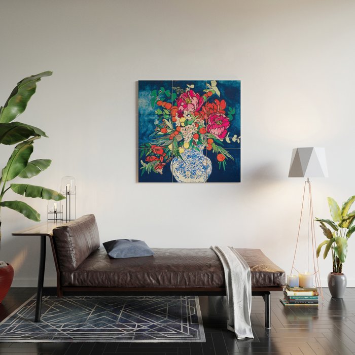 Winter Floral Peony Bouquet in Delft Vase on Dark Navy Blue Painting Wood Wall Art Gallery Image 2