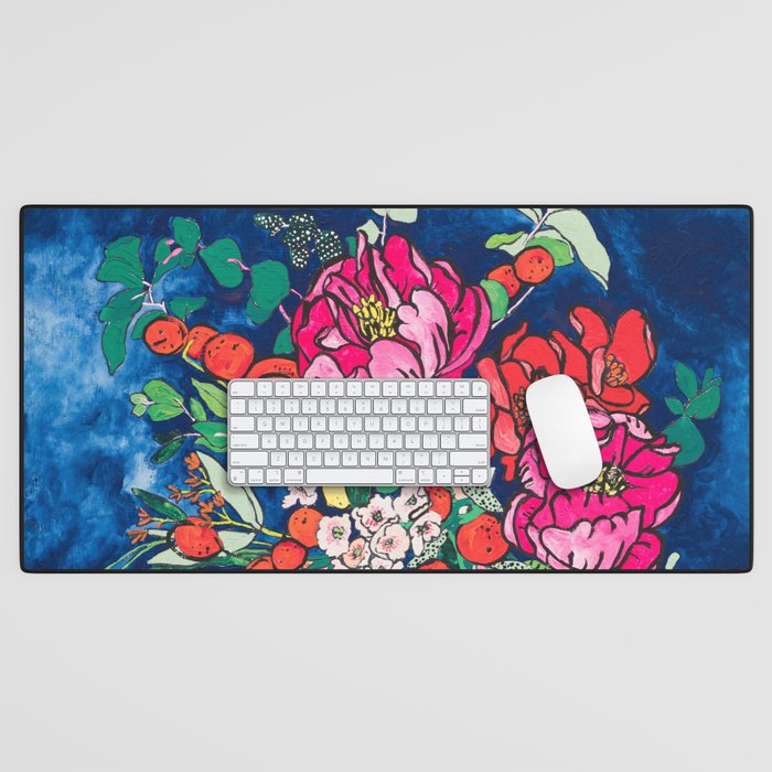 Winter Floral Peony Bouquet in Delft Vase on Dark Navy Blue Painting Desk Mat Gallery Image 1