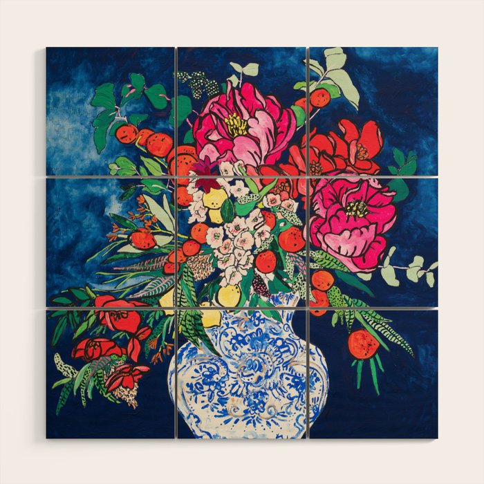Winter Floral Peony Bouquet in Delft Vase on Dark Navy Blue Painting Wood Wall Art Gallery Image 1