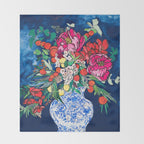 Winter Floral Peony Bouquet in Delft Vase on Dark Navy Blue Painting Throw Blanket Gallery Image 2