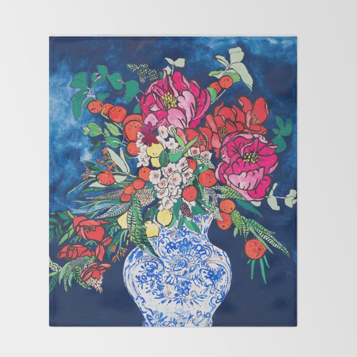 Winter Floral Peony Bouquet in Delft Vase on Dark Navy Blue Painting Throw Blanket Gallery Image 2