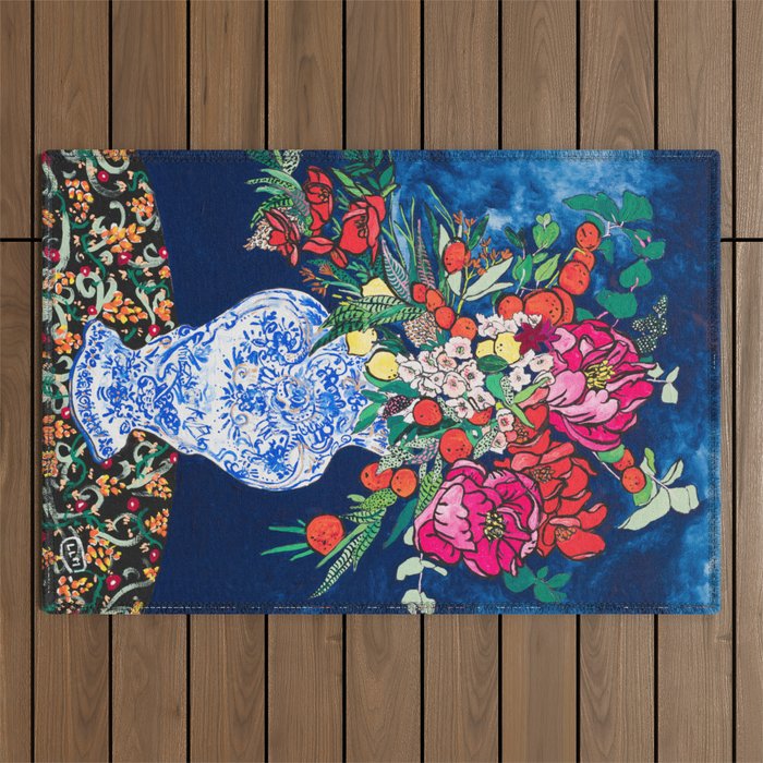 Winter Floral Peony Bouquet in Delft Vase on Dark Navy Blue Painting Outdoor Rug Gallery Image 1