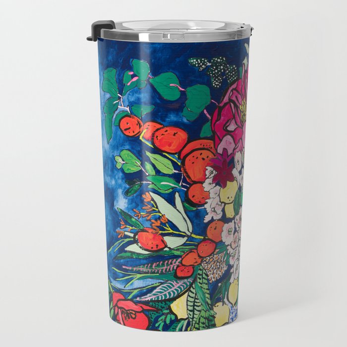Winter Floral Peony Bouquet in Delft Vase on Dark Navy Blue Painting Travel Mug Gallery Image 3
