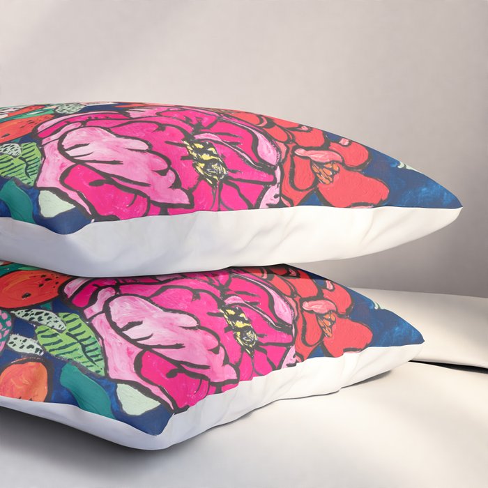 Winter Floral Peony Bouquet in Delft Vase on Dark Navy Blue Painting Pillow Sham Gallery Image 3