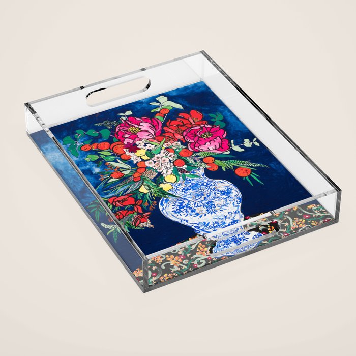 Winter Floral Peony Bouquet in Delft Vase on Dark Navy Blue Painting Acrylic Tray Gallery Image 1