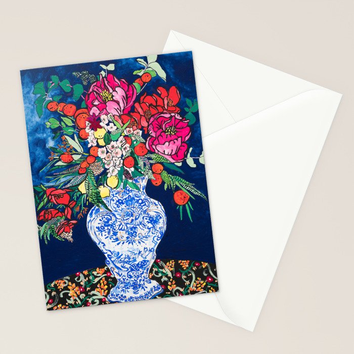 Winter Floral Peony Bouquet in Delft Vase on Dark Navy Blue Painting Stationery Card Gallery Image 2