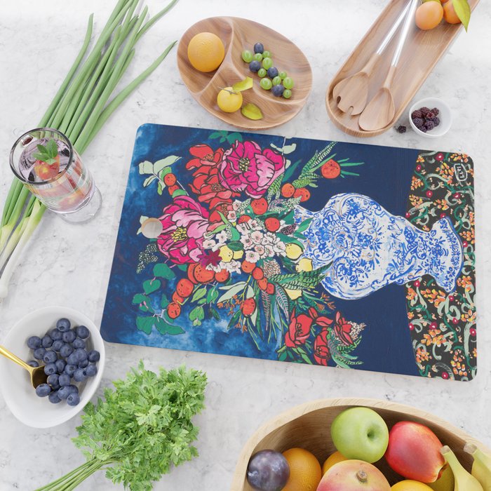 Winter Floral Peony Bouquet in Delft Vase on Dark Navy Blue Painting Cutting Board Gallery Image 2