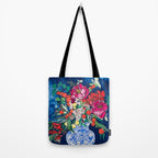 Winter Floral Peony Bouquet in Delft Vase on Dark Navy Blue Painting Tote Bag Gallery Image 2